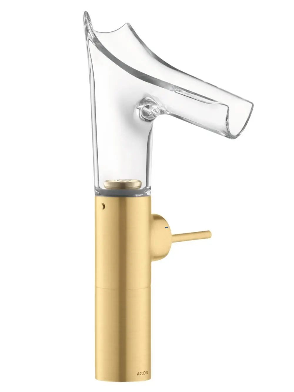 Aufsatzwaschtischmischer mit Glasauslauf und Hebelbedienung in Brushed Gold Optic von AXOR. Das Design kombiniert Glas und Metall für eine moderne Optik.